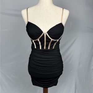 IRIS Black Mesh Ruched Corset Mini Dress Size S